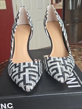 INC International Concepts Black & Silver Geometric Beaded Pointed Toe Pumps